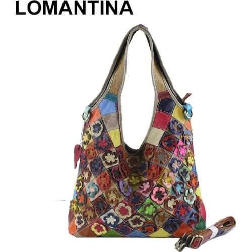 In Stock!Real 100% Genuine Leather Bags Women Hobo Patchwork Flower Handbags Ladies Tote Bag Colorful Freeship