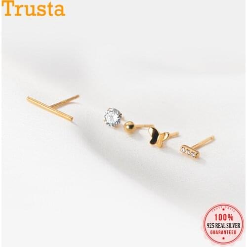 Trustdavis Real 925 Sterling Silver 1 Set 5Pcs Stick Bead Butterfly CZ Stud Earrings For Women Wedding Party Fine Jewelry DB399