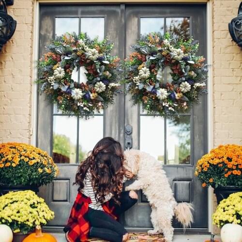 Halloween Pumpkin Truck Wreath Gnome Dogs Welcome Door Hanging Wreath Door Front Decoration Plaques Plaid Bow Wreath Decor