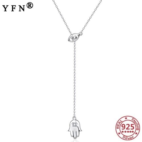 YFN 925 Sterling Silver Necklace Hamsa Hand Evil Eye Nazar Necklace Hand Of Fatima Lucky Pendants Necklaces Valentines Day Gift