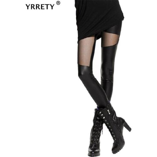 YRRETY Shiny Pants Leather Leggings Strech Black Holes Ripped PU Punk Rock Women Casual Triangle Mesh Lace Stitching Jeggings