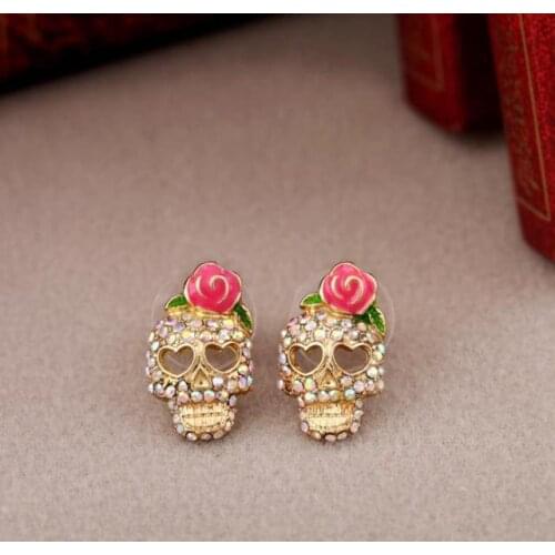 Women Fashion Accessories 1 Pair Personality Cute Pink Rose Rhinestone Skeleton Skull Ear Studs Earrings EAR-0115