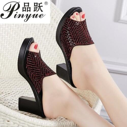 Women Slippers Ladies Summer Slippers Genuine Leather Shoes Women High Heels Fashion Rhinestone Summer Shoes