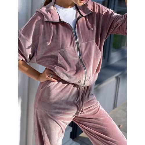 Women Velvet Tracksuit Zipper Pant Sets Casual Drawstring Hoodies Lace Up Joggers Female Two Pieces Sets Loose Velour Streetwear