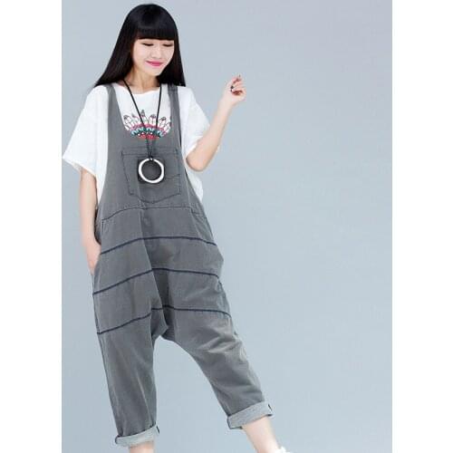 Plus Size Summer Jumpsuit Denim Women Baggy Jeans Striped Pants Boyfriend Hip Hop Overalls Drop Crotch Casual High Elastic Soft