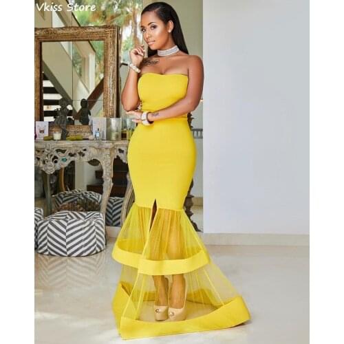 Bright Yellow Prom Dress Mermaid Floor Length Strapless Satin Split Sleeveless Women Evening Dress платье 2021 فساتين السهرة