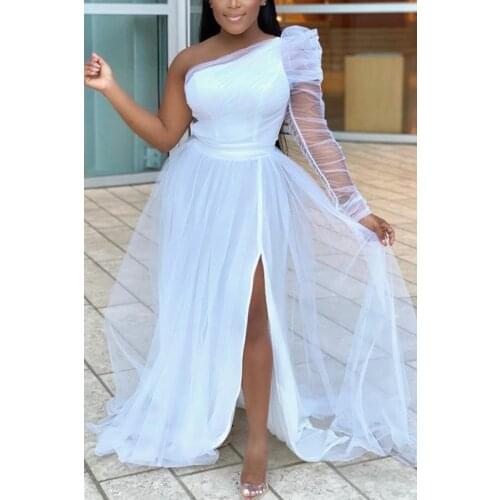 2021 Elegant Sheer Mesh Split Party Long Dress for Women Autumn Puff Sleeve One Shoulder High Split Skinny Maxi Night Feast Wear