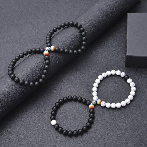 2pcs/set Couple Magnetic Distance Bracelet Elastic Yoga Bracelet Rainbow Beads LEBT Charms Bracelets Lovers Gay Jewelry Gifts