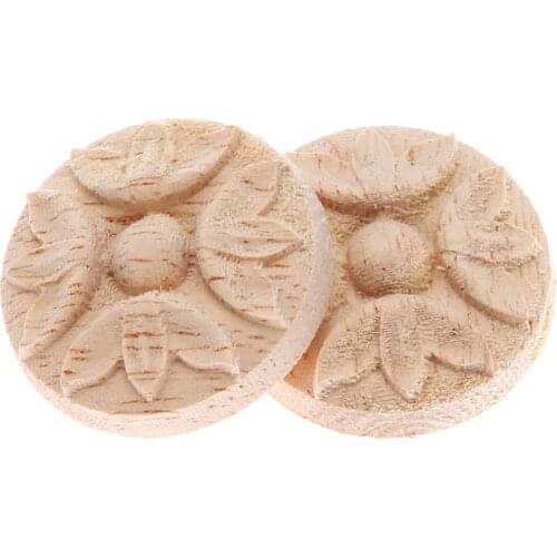 2pcs Round Woodcarving Corner Decal Natural Wooden Flower Disc 3cm/4cm Figurine Craft Appliques Frame Wall Door Furniture Decor
