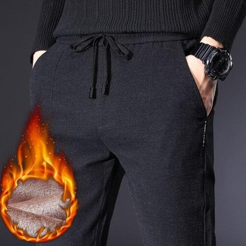 2020 Winter Classic Super Warm Thick Fleece Pants Men Casual Elastic Long Trousers Male Cotton