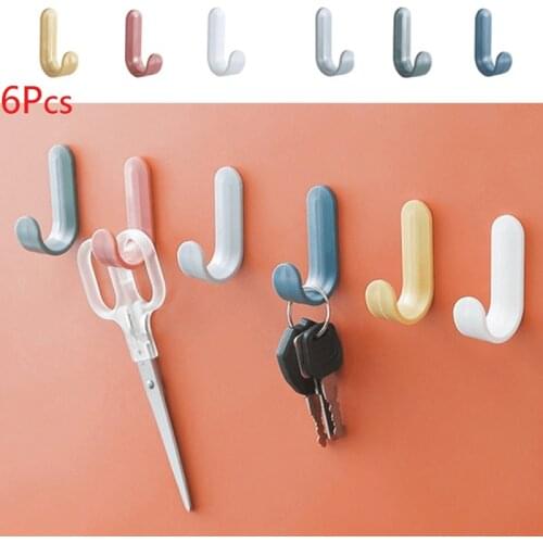 6Pcs Self Adhesive J Shape Hanging Hooks Nail-Free Space Saving Towel Plastic Hat Racks Keys Wall Hanger Hooks Storage Supplies