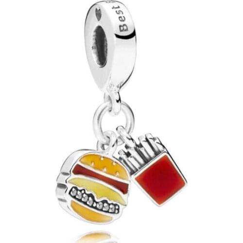 Genuine 925 Sterling Silver Charm Red Enamel Burger & Fries With Best Friend Beads Fit pandora Bracelet & Necklace Jewelry