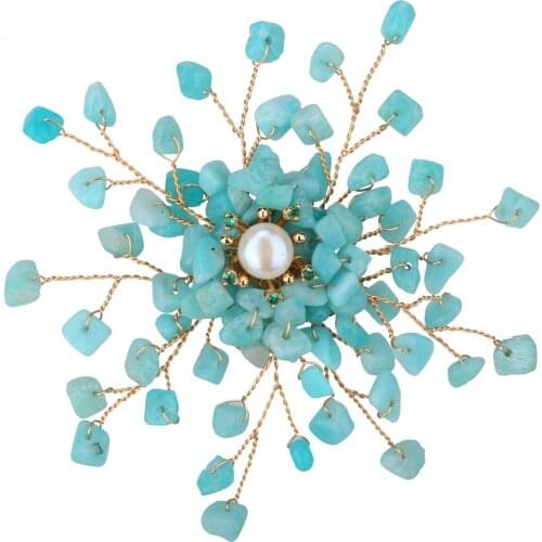 Yacq Womens Natural Amazonite Freshwater Pearl Cubic Zirconia CZ Pin Brooch Pendant 2 in 1 Handmade Jewelry Flexible Copper Wire