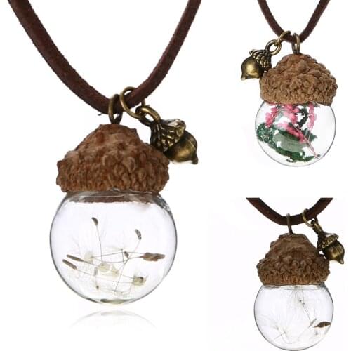 Vintage Acorn Pinecone Dandelion Leather Chain Jewelry For Women Men Cute Crystal Glass Ball Wishing Bottle Choker Chain