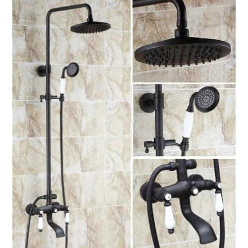Black Oil Rubbed Brass Dual Ceramic Handles Bathroom 8 Inch Round Rain Shower Faucet Set Bath Tub Mixer Tap Hand Shower mhg146