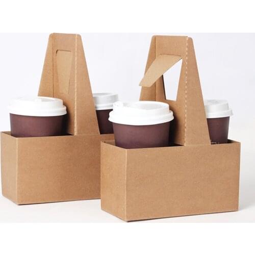 Take-out Kraft Paper Cup Holder Clip Disposable Coffee Drink Tray Base with Handle for 2 cup Party Supplies 10pcs/lot SK801