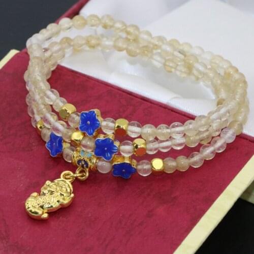 Hot sale yellow watermelon quartz 4mm round beads long chain multilayer bracelets women cloisonne 3rows jewelry 7.5inch B2780