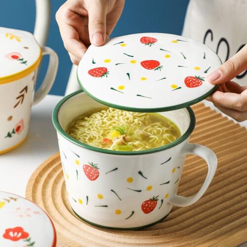 Ceramic noodle Cup bowl ins Country style creative with cover box Student lunch box instant noodle soup bowl set dinner bowl