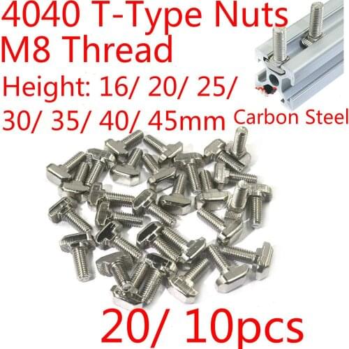4040 Carbon Steel Hammer T Screw Bolt Fastener M8x16/M8x20/M8x25/M8x30/M8x35/M8x40/M8x45mm Aluminum Profile Slot 8mm 20/ 10pcs