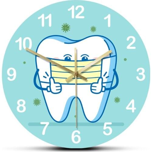 Rouned Printed Wall Clocks Tooth using Surgical Mask Dental Sign for Informing Patients Non Ticking Home Decorative Wall Watch