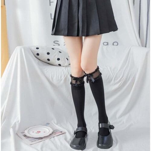 Japanese Lolita Lace Stockings Female Harajuku Ruffle Over Knee Socks Summer Thin Black College Sweet Skirt Socks Women