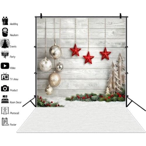 Laeacco Winter Christmas Star Ball Pine Tree Gray Wood Planks Winter Snow Party Baby Portrait Photo Background Photo Backdrops