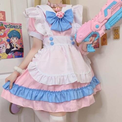 Japanese Kawaii Pink Soft Girl Ruffles Lolita Dress New Sweet Sailor Collar Bow Splicing Vintage Outfit Maid Cosplay Dress Party