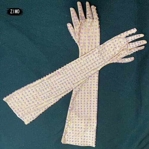 Fashion Stretch Party Rhinestone Gloves Women Skin Color Crystal Prom party Long Gloves Dancer designer Singer Stage Accessories