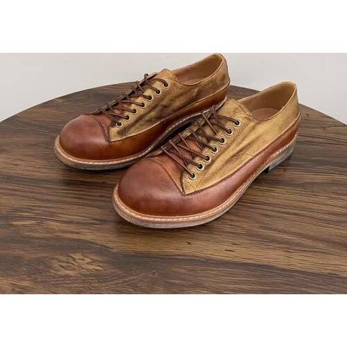 Luxury Brand Cow Leather Canvas Vintage Men Casual Shoes Handmade High Quality Dress Ankle Boots Loafers Lace-up Tooling Shoes