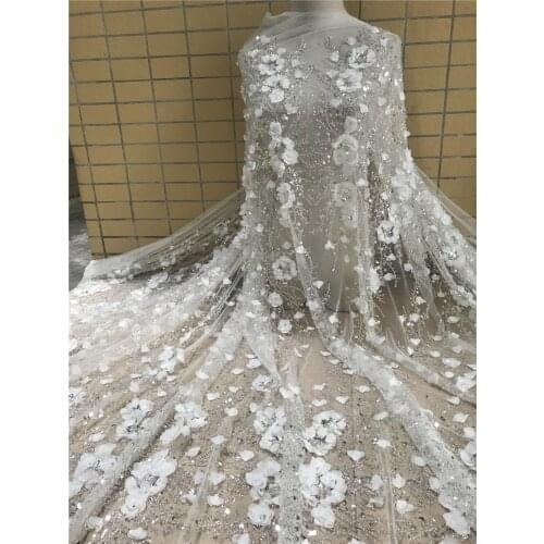 Nigerian Wedding Tulle Lace High Quality African French Net Mesh Fabric with beads S-488881 Sequin Fabircs