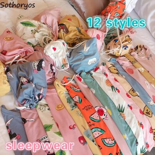 Pajamas Sets Women Cartoon Printed Round Neck Full Length Breathable Soft High Quality Womens Sleepwear Chic Simple Cute Fashion