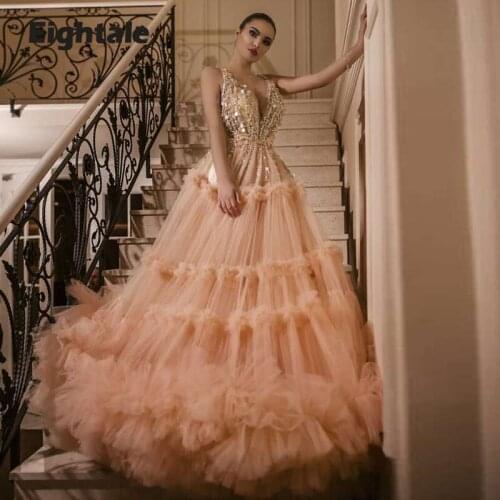 Eightale Baby Pink Prom Dresses Ruffled V Neck Beaded Rhinestones A-Line Girl Party Gown Custom Made Celebrity Graduation Dress