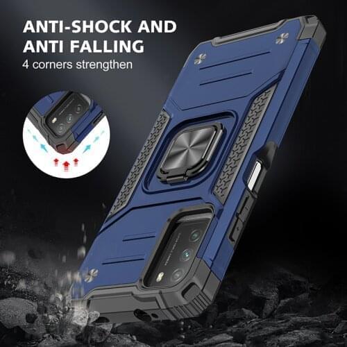 For POCO M3 Armor Shockproof Bumper Defender Car Magnetic Metal Finger Stand Holder Ring Case For Xiaomi POCO M3 Back Cover