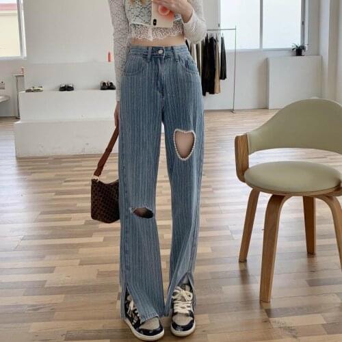 Hole Love Y2k Jeans Women 2021 Summer High Waist Pantalones De Mujer Slit Flared Pants Loose Straight Long Pantalon Pour Femme