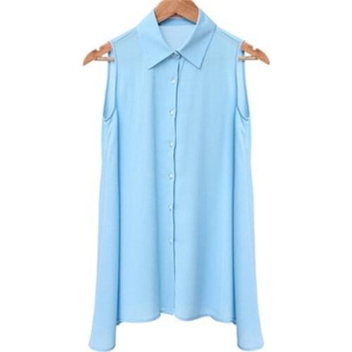 Summer Womens Tops Sleeveless Turn-Down Collar Loose Blouse Female Loose Chiffon Shirt White Black Shirt Breathable Basic