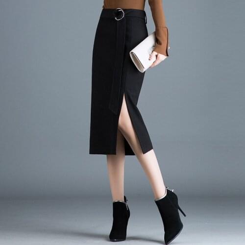 High Waist Warm Office Midi Skirts 2021 Winter Women Elegant Woolen Pencil Skirt with Detachable Belt Female Korean Casual