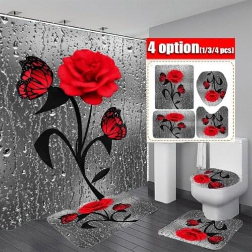 Red Rose Butterfly Shower Curtain Bathroom Non-slip Mat Set Durable Waterproof Set Pedestal Rug Lid Toilet Cover Bath Mat Rugs