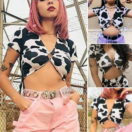 2019 Womens New Turn-down V-Neck Short Sleeve Cow Pattern Top T-shirt Blouse US