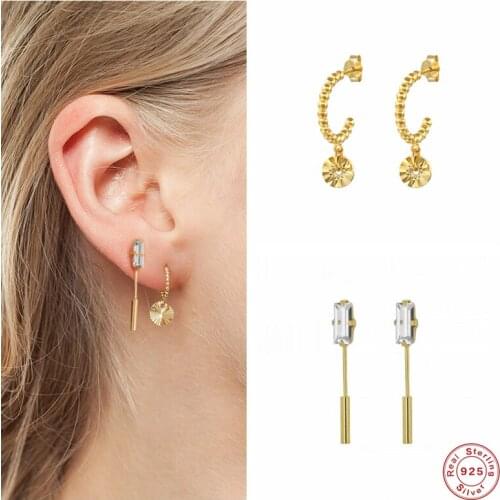 Aide 925 Sterling Silver Long Pin Shape Square Zircon Stud Earrings For Women Small Round Disc Pendant Beads Circle Ear Stud