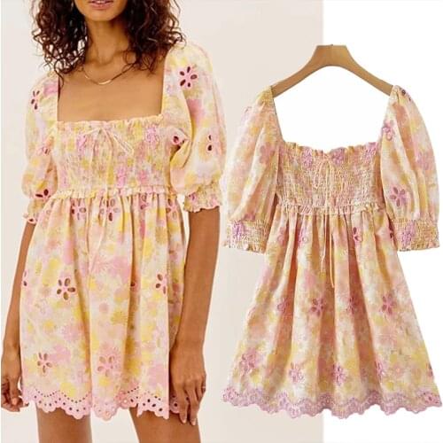 Women Floral Embroidery Dres Pure Cotton Square Collar Lantern Sleeves Hollow Sexy Waist Mini Dress Ins Fashion Blogger Vestidos