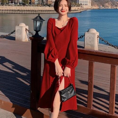 For Women Party Spring 2021 Elegant Retro Korean Slim Casual Vacation Runway Vestidos New 2 Colors Long Sleeve Vintage Dresses