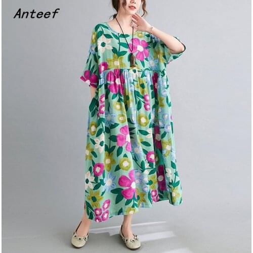 Short sleeve plus size cotton linen vintage floral dresses for women casual loose long woman summer dress elegant clothes 2021