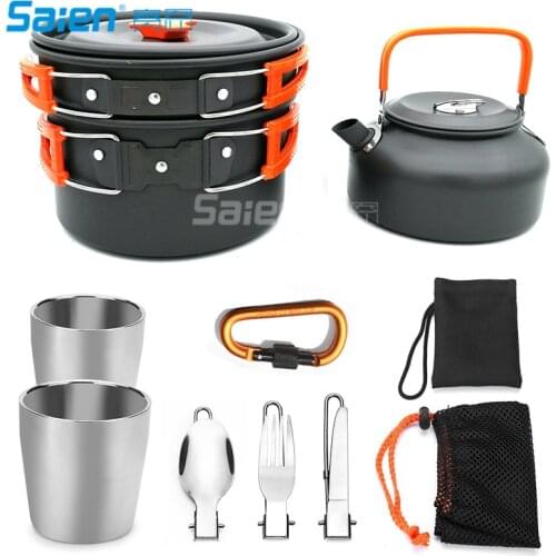 10pcs Camping Cookware Mess Kit, Lightweight Pot Pan Kettle with 2 Cups, Fork Knife Spoon Kit for Backpacking, Outdoor Camping