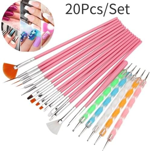 20Pcs/Set Nail Art Acrylic UV Gel Extension Builder Painting Pattern DIY Drawing Rhinestone Bead Dotting Picking Brush Kit