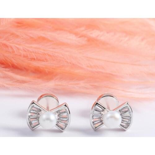 925 Sterling Silver Wedding Bridal Jewelry Bowknot Earrings Freshwater Pearl CZ Post Stud Earrings for Women Christmas Gifts