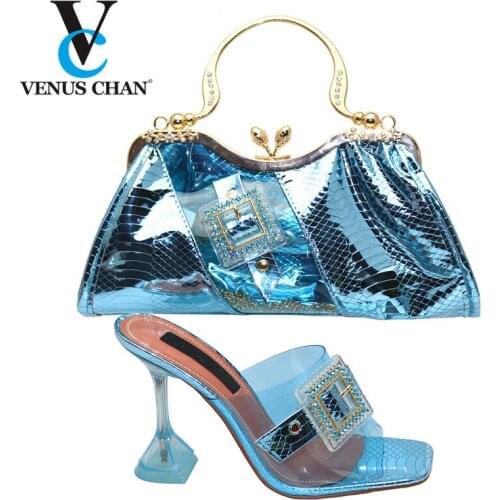 Sky Blue Italian Style Rhinestone Wonderful Sandals With Matching Bag Set High Quality Fashion Style Party Shoes And Bag