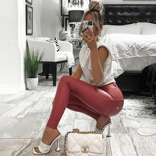 Melody Red Leather Jeans Women in Tight Leather Stretch Female Trousers Butt Lift Shapewear Skinny Sport Casual Pants
