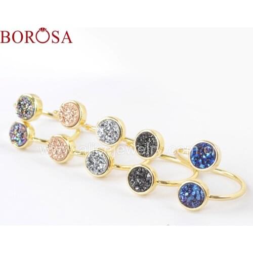 BOROSA 5PCS New Arrival Gold Bezel Natural Agates Titanium Rainbow Druzy Ring 9mm Double Round Stone Adjustable Rings ZG0363