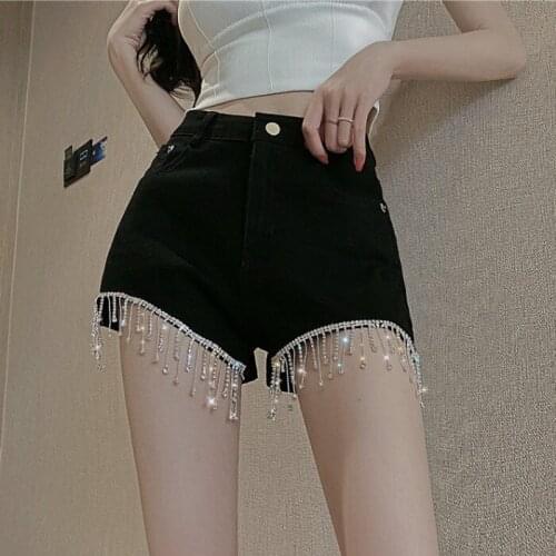 Summer 2020 heavy industry high waist black slim thin and high design sense nail drill denim shorts