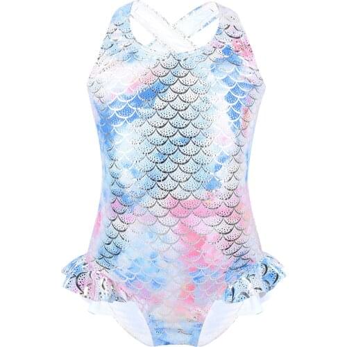 Summer Girls Swimwear Kids Swimsuit Mermaid Fish Scales Printed Sleeveless Swimwear Girls Sparkle One Piece Bathing Suits